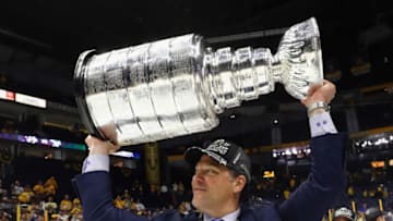 NASHVILLE, TN - JUNE 11: Bill Guerin of the Pittsburgh Penguins celebrates with the Stanley Cup following a victory over the Nashville Predators in Game Six of the 2017 NHL Stanley Cup Final at the Bridgestone Arena on June 11, 2017 in Nashville, Tennessee. (Photo by Bruce Bennett/Getty Images)