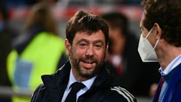 Juventus FC President Andrea Agnelli (L) and Fiat Chrysler Automobiles (FCA) Chairman John Elkann react after Juventus won the final of the Italian Cup (Coppa Italia) football match Atalanta vs Juventus on May 19, 2021 at the Citta del Tricolore stadium in Reggio Emilia. (Photo by MIGUEL MEDINA / AFP) (Photo by MIGUEL MEDINA/AFP via Getty Images)