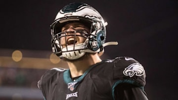 Eagles' Nathan Gerry (47) amps up Eagles fans Monday night against the Giants. The Eagles defeated the Giants in overtime 23-17.Sports Eagles Giants