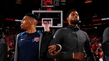 Russell Westbrook, Paul George, OKC Thunder (Photo by Cameron Browne/NBAE via Getty Images)