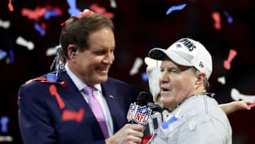 ATLANTA, GEORGIA - FEBRUARY 03: Head coach Bill Belichick of the New England Patriots is interviewed after his teams 13-3 win over the Los Angeles Rams during Super Bowl LIII at Mercedes-Benz Stadium on February 03, 2019 in Atlanta, Georgia. (Photo by Al Bello/Getty Images)