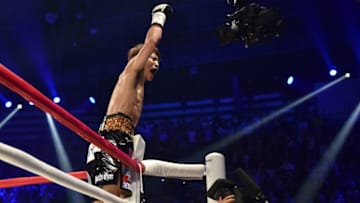 TOPSHOT - Japan's Naoya Inoue celebrates his win over Great Britain's Jamie McDonnell during their WBA world bantamweight title boxing bout in Tokyo on May 25, 2018. (Photo by Kazuhiro NOGI / AFP) (Photo credit should read KAZUHIRO NOGI/AFP/Getty Images)