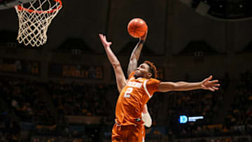 Jan 21, 2023; Morgantown, West Virginia, USA; Texas Longhorns guard Arterio Morris (2) dunks the ball during the first half against the West Virginia Mountaineers at WVU Coliseum. Mandatory Credit: Ben Queen-USA TODAY Sports