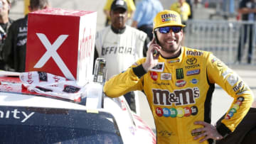 INDIANAPOLIS, INDIANA - SEPTEMBER 07: Kyle Busch, driver of the #18 Combos Toyota, celebrates after winning the NASCAR Xfinity Series Indiana 250 at Indianapolis Motor Speedway on September 07, 2019 in Indianapolis, Indiana. (Photo by Brian Lawdermilk/Getty Images)