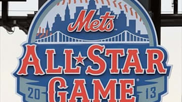 Aug 7, 2012; Flushing, NY,USA; Mr. Met unveils the 2013 All Star Game logo before the game between the New York Mets and the Miami Marlins at Citi Field. Mandatory Credit: Anthony Gruppuso-USA TODAY Sports