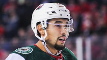 Matt Dumba #24 of the Minnesota Wild in action against the Calgary Flames during an NHL game at Scotiabank Saddledome. (Photo by Derek Leung/Getty Images)