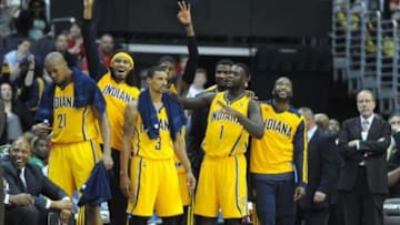 May 9, 2014; Washington, DC, USA; Indiana Pacers players celebrate after defeating the Washington Wizards during the second half in game three of the second round of the 2014 NBA Playoffs at Verizon Center. The Pacers won 85 - 63. Mandatory Credit: Brad Mills-USA TODAY Sports