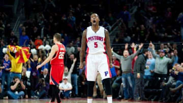 Jan 9, 2015; Auburn Hills, MI, USA; Detroit Pistons guard Kentavious Caldwell-Pope (5) celebrates after making a three point basket during the fourth quarter against the Atlanta Hawks at The Palace of Auburn Hills. Atlanta won 106-103. Mandatory Credit: Tim Fuller-USA TODAY Sports