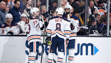 LOS ANGELES, CA - JANUARY 5: Ryan Spooner #23 of the Edmonton Oilers talks with Ty Rattie #8 and Jujhar Khaira #16 during a break in the third period of the game against the Los Angeles Kings at STAPLES Center on January 5, 2019 in Los Angeles, California. (Photo by Adam Pantozzi/NHLI via Getty Images)