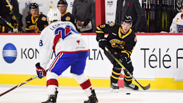 LAVAL, QC - OCTOBER 16: Providence Bruins left wing Ryan Fitzgerald (19) considers his options with the puck during the Providence Bruins versus the Laval Rocket game on October 16, 2019, at Place Bell in Laval, QC (Photo by David Kirouac/Icon Sportswire via Getty Images)