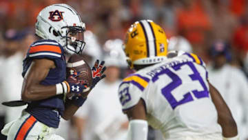 Auburn football wide receiver Ja'Varrius Johnson (6) catches a pass as Auburn Tigers take on LSU Tigers at Jordan-Hare Stadium in Auburn, Ala., on Saturday, Oct. 1, 2022. Auburn Tigers lead LSU Tigers 17-14 at halftime.