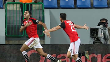 PORT-GENTIL, GABON - JANUARY 29: Football players of Egypt celebrate after scoring a goal during the African Cup of Nations 2017, quarter final football match between Egypt and Morocco in Port-Gentil, Gabon on January 29, 2017. (Photo by Fared Kotb/Anadolu Agency/Getty Images)