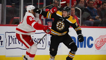 DETROIT, MICHIGAN - NOVEMBER 21: Anders Bjork #10 of the Boston Bruins skates against the Detroit Red Wings at Little Caesars Arena on November 21, 2018 in Detroit, Michigan. Detroit won the game 3-2 in overtime. (Photo by Gregory Shamus/Getty Images)