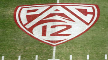 Detailed view of the Pac-12 Conference logo on the field at Stanford Stadium. Mandatory Credit: Kirby Lee-USA TODAY Sports