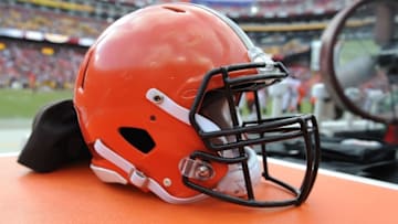 Oct 2, 2016; Landover, MD, USA; Detail view of Cleveland Browns helmet against the Washington Redskins during the second half at FedEx Field. Washington Redskins wins 31 - 20. Mandatory Credit: Brad Mills-USA TODAY Sports
