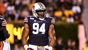 Auburn football defensive tackle Tyrone Truesdell (94) celebrates after making a play against Kent State on Saturday, Sept. 14, 2019, in Auburn, Ala.Football Caw 47
