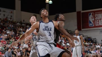 LAS VEGAS, NV - JULY 8: Tony Bradley #13 of the Utah Jazz boxes out against Caleb Swanigan #50 of the Portland Trail Blazers during the 2017 Summer League on July 8, 2017 at Cox Pavillion in Las Vegas, Nevada. NOTE TO USER: User expressly acknowledges and agrees that, by downloading and or using this Photograph, user is consenting to the terms and conditions of the Getty Images License Agreement. Mandatory Copyright Notice: Copyright 2017 NBAE (Photo by David Dow/NBAE via Getty Images)