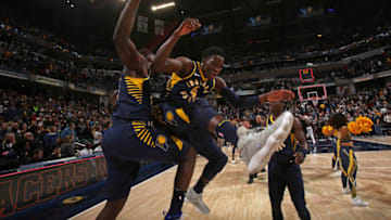 INDIANAPOLIS, IN - JANUARY 12: Lance Stephenson #1 and Victor Oladipo #4 of the Indiana Pacers jump and celebrate after the game against the Cleveland Cavaliers on January 12, 2018 at Bankers Life Fieldhouse in Indianapolis, Indiana. NOTE TO USER: User expressly acknowledges and agrees that, by downloading and or using this Photograph, user is consenting to the terms and conditions of the Getty Images License Agreement. Mandatory Copyright Notice: Copyright 2018 NBAE (Photo by Ron Hoskins/NBAE via Getty Images)