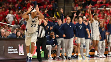 Feb 11, 2023; College Park, Maryland, USA; Penn State Nittany Lions guard Jalen Pickett (22) reacts after making three point shot along the bench during the second half against the Maryland Terrapins at Xfinity Center. Mandatory Credit: Tommy Gilligan-USA TODAY Sports