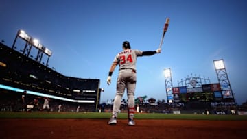 SAN FRANCISCO, CA - APRIL 23: Bryce Harper #34 of the Washington Nationals warms up on the on-deck circle before hitting in the third inning against the San Francisco Giants at AT&T Park on April 23, 2018 in San Francisco, California. (Photo by Ezra Shaw/Getty Images)