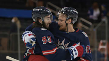 Mika Zibanejad #93 and Pavel Buchnevich #89 of the New York Rangers (Photo by Bruce Bennett/Getty Images)