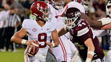 Bryce Young, Alabama Crimson Tide, Jett Johnson, Mississippi State Bulldogs. (Mandatory Credit: Matt Bush-USA TODAY Sports)