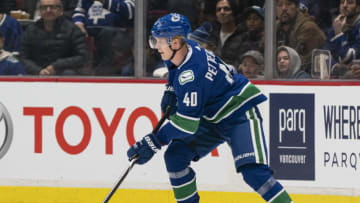 VANCOUVER, BC - DECEMBER 10: Elias Pettersson #40 of the Vancouver Canucks skates with the puck during NHL action at Rogers Arena against the Toronto Maple Leafs on December 10, 2019 in Vancouver, Canada. (Photo by Rich Lam/Getty Images)