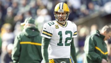 January 18, 2015; Seattle, WA, USA; Green Bay Packers quarterback Aaron Rodgers (12) before playing against the Seattle Seahawks in the NFC Championship game at CenturyLink Field. Mandatory Credit: Joe Nicholson-USA TODAY Sports