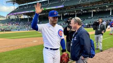 Oct 2, 2022; Chicago, Illinois, USA; Chicago Cubs catcher Willson Contreras (40) bids farewell to the fans after the game against the Cincinnati Reds at Wrigley Field. Mandatory Credit: David Banks-USA TODAY Sports