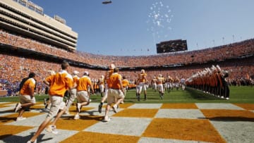 KNOXVILLE, TN - SEPTEMBER 18: Tennessee Volunteers players take the field before the game against the Florida Gators at Neyland Stadium on September 18, 2010 in Knoxville, Tennessee. Florida won 31-17. (Photo by Joe Robbins/Getty Images)