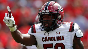 ATHENS, GEORGIA - OCTOBER 12: Ernest Jones #53 of the South Carolina Gamecocks reacts after a defensive stop against the Georgia Bulldogs in the second half at Sanford Stadium on October 12, 2019 in Athens, Georgia. (Photo by Kevin C. Cox/Getty Images)