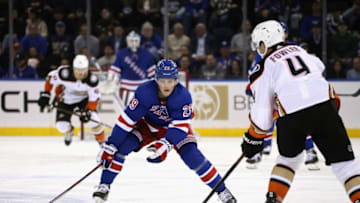 NEW YORK, NEW YORK - OCTOBER 17: Dryden Hunt #29 of the New York Rangers skates against the Anaheim Ducks at Madison Square Garden on October 17, 2022 in New York City. (Photo by Bruce Bennett/Getty Images)