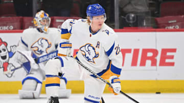Jan 17, 2023; Chicago, Illinois, USA; Buffalo Sabres defenseman Rasmus Dahlin (26) warms up before a game against the Chicago Blackhawks at United Center. Mandatory Credit: Jamie Sabau-USA TODAY Sports