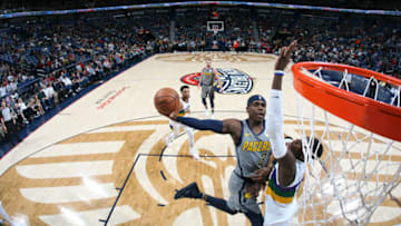 NEW ORLEANS, LA - FEBRUARY 4: Aaron Holiday #3 of the Indiana Pacers shoots the ball against the New Orleans Pelicans on February 4, 2019 at the Smoothie King Center in New Orleans, Louisiana. Copyright 2019 NBAE (Photo by Layne Murdoch Jr./NBAE via Getty Images)