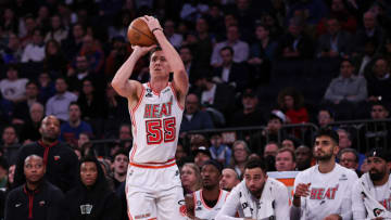 Duncan Robinson #55 of the Miami Heat attempts a three pointer during the second quarter(Photo by Dustin Satloff/Getty Images)