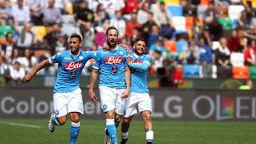 UDINE, ITALY - APRIL 03: Gonzalo Higuain (C) of Napoli celebrates with Faouzi Ghoulam (L) and Lorenzo Insigne after scoring Napoli's goal during the Italian Serie A football match between Udinese Calcio v SSC Napoli at Dacia Arena on 3 April, 2016 in Udine, Italy. (Photo by Andrea Spinelli/Corbis via Getty Images)