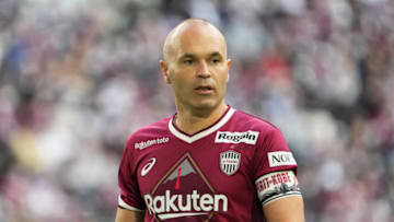 KOBE, JAPAN - NOVEMBER 05: Andres Iniesta of Vissel Kobe looks on during the J.LEAGUE Meiji Yasuda J1 34th Sec. match between Vissel Kobe and Yokohama F･Marinos at NOEVIR Stadium Kobe on November 05, 2022 in Kobe, Hyogo, Japan. (Photo by Etsuo Hara/Getty Images)