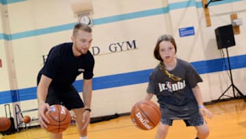 Former OKC Thunder player Domantas Sabonis participates in a Jr. NBA Clinic on August 15, 2017 at the Summit YMCA (Photo by Jennifer Pottheiser/NBAE via Getty Images)