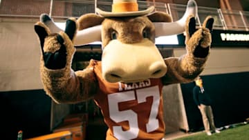 STILLWATER, OK - NOVEMBER 15: The Texas Longhorns mascot Bevo performs during the game against the Oklahoma State Cowboys November 15, 2014 at Boone Pickens Stadium in Stillwater, Oklahoma. The Longhorns defeated the Cowboys 28-7. (Photo by Brett Deering/Getty Images)