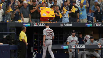 ST. PETERSBURG, FL - OCTOBER 08: Justin Verlander #35 of the Houston Astros leaves the game in the fourth inning during Game 4 of the ALDS between the Houston Astros and the Tampa Bay Rays at Tropicana Field on Tuesday, October 8, 2019 in St. Petersburg, Florida. (Photo by Mike Carlson/MLB Photos via Getty Images)