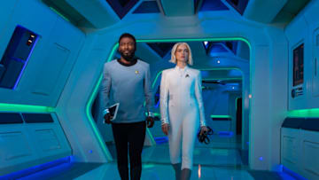 Babs Olusanmokun as MBenga and Jess Bush as Chapel in Star Trek: Strange New Worlds, streaming on Paramount+, 2023. Photo Cr: Kharen Hill/Paramount+