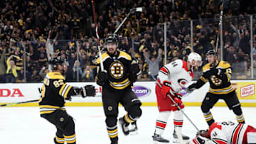 BOSTON, MASSACHUSETTS - MAY 09: Marcus Johansson #90 of the Boston Bruins celebrates after scoring a third period goal against the Carolina Hurricanes in Game One of the Eastern Conference Final during the 2019 NHL Stanley Cup Playoffs at TD Garden on May 09, 2019 in Boston, Massachusetts. (Photo by Bruce Bennett/Getty Images)