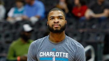 Feb 28, 2016; Atlanta, GA, USA; Charlotte Hornets guard Aaron Harrison (9) prepares for a game against the Atlanta Hawks at Philips Arena. Mandatory Credit: Brett Davis-USA TODAY Sports