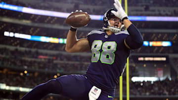 ARLINGTON, TX - DECEMBER 24: Jimmy Graham #88 of the Seattle Seahawks celebrates a second quarter touchdown against the Dallas Cowboys at AT&T Stadium on December 24, 2017 in Arlington, Texas. (Photo by Ronald Martinez/Getty Images)