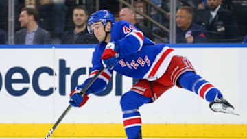 NEW YORK, NY - APRIL 05: New York Rangers Defenceman Neal Pionk (44) sends the puck down ice during the second period of the National Hockey League game between the Columbus Blue Jackets and the New York Rangers on April 5, 2019 at Madison Square Garden in New York, NY. (Photo by Joshua Sarner/Icon Sportswire via Getty Images)