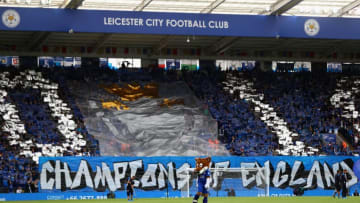 LEICESTER, ENGLAND - AUGUST 20: The supporters of Leicester unfurl a banner in celebration of the Premier League title winning season ahead of the Premier League match between Leicester City and Arsenal at The King Power Stadium on August 20, 2016 in Leicester, England. (Photo by Michael Steele/Getty Images)