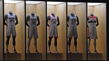 LOS ANGELES, CA - SEPTEMBER 15: A shot of the Sacramento Kings, San Antonio Spurs, Toronto Raptors, Utah Jazz and Washington Wizards new uniforms during the Nike Innovation Summit in Los Angeles, California on September 15, 2017. NOTE TO USER: User expressly acknowledges and agrees that, by downloading and or using this photograph, User is consenting to the terms and conditions of the Getty Images License Agreement. Mandatory Copyright Notice: Copyright 2017 NBAE (Photo by Andrew D. Bernstein/NBAE via Getty Images)