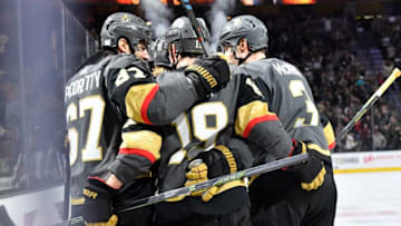 LAS VEGAS, NEVADA - NOVEMBER 17: The Vegas Golden Knights celebrate after a goal by William Karlsson #71 during the first period against the Calgary Flames at T-Mobile Arena on November 17, 2019 in Las Vegas, Nevada. (Photo by Jeff Bottari/NHLI via Getty Images)