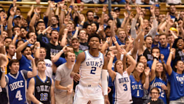 DURHAM, NORTH CAROLINA - FEBRUARY 05: Cam Reddish #2 of the Duke Blue Devils reacts after a three-point basket against the Boston College Eagles during their game at Cameron Indoor Stadium on February 05, 2019 in Durham, North Carolina. Duke won 80-55. (Photo by Grant Halverson/Getty Images)