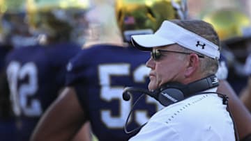 SOUTH BEND, IN - SEPTEMBER 15: Head coach Brian Kelly of the Notre Dame Fighting Irish waits during a time out in a game against the Vanderbilt Commodores at Notre Dame Stadium on September 15, 2018 in South Bend, Indiana. Notre Dame defeated Vanderbilt 22-17. (Photo by Jonathan Daniel/Getty Images)